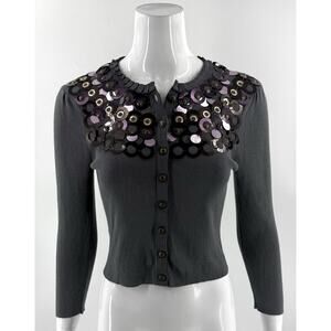Nanette Lepore Cardigan Sweater Size Medium Gray Beaded Sequin Collar Womens